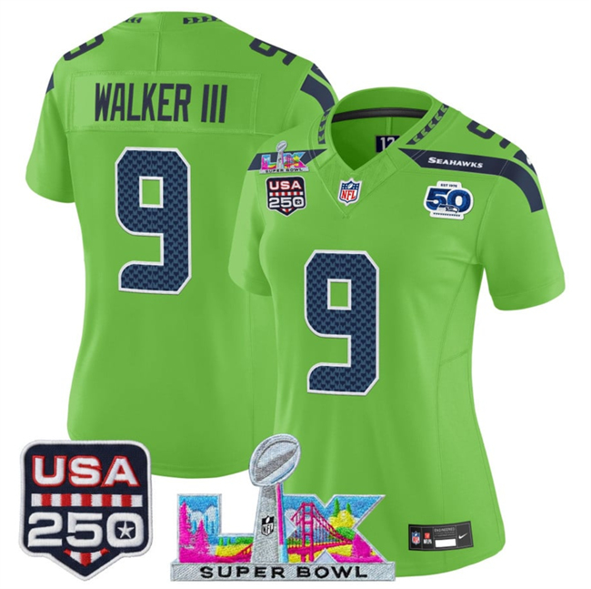 Women's Seattle Seahawks #9 Kenneth Walker III Green 2025 F.U.S.E. Super Bowl LX Patch And 50th Season & USA 250' Patch Vapor Limited Football Stitched Jersey(Run Small)
